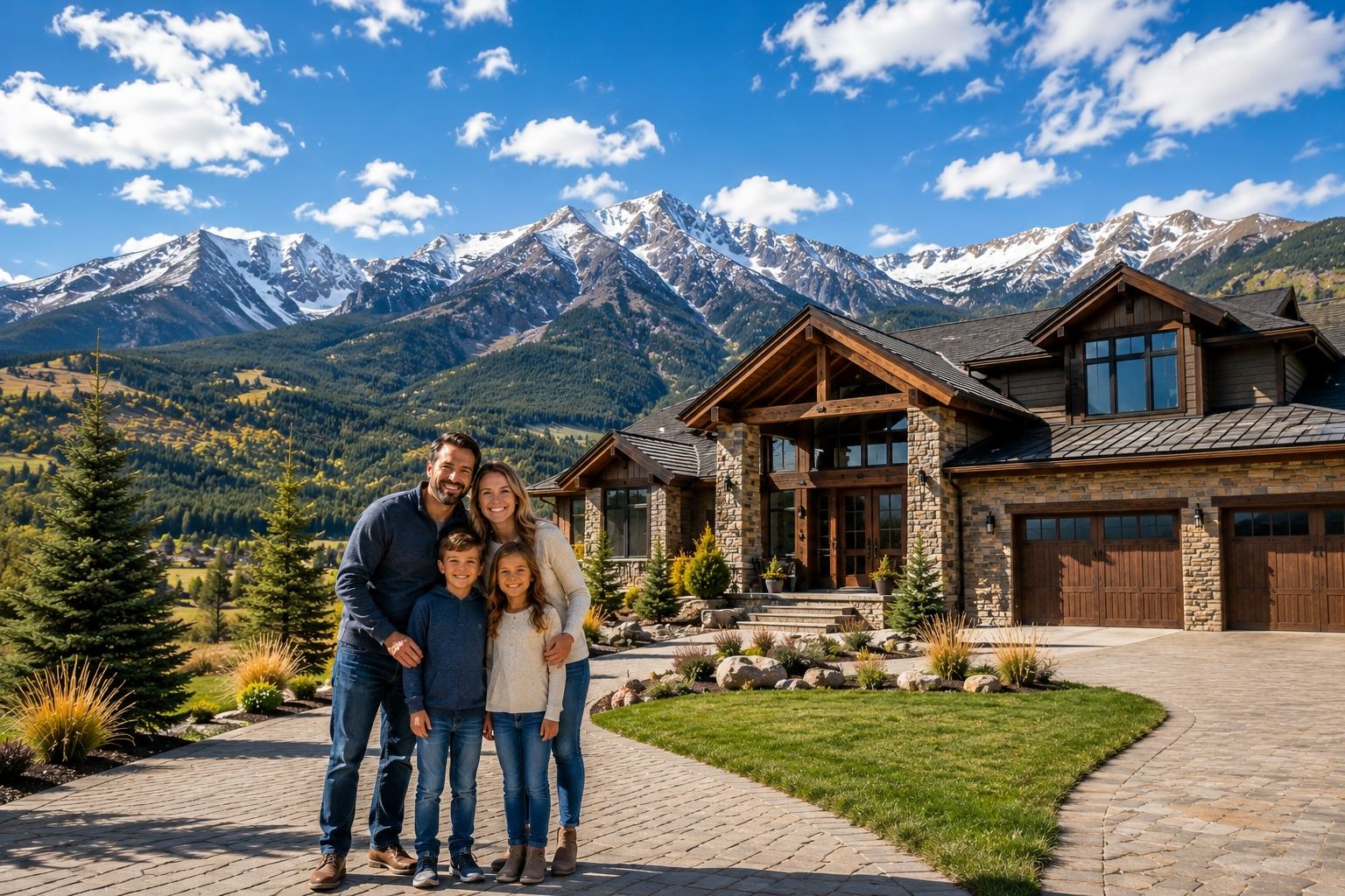 A Colorado family in front of their new home, mountains in the background